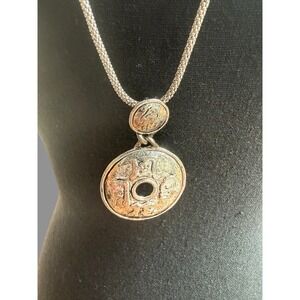 Vintage Napier Silver Tone Coin Pendant Necklace Long Rope Chain